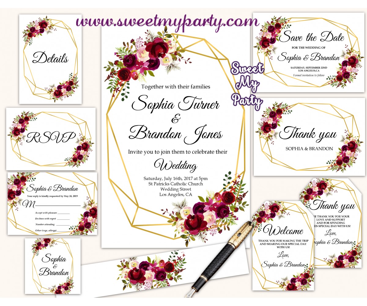 Burgundy Wedding Invitation set,Geometric Wedding invitation set,(116w)